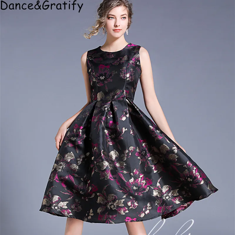 

New Summer Fashion 2019 High Quality Vintage Jacquard Flowers Party Dress Women's Sleeveless Office Work Ball Gown Sundress