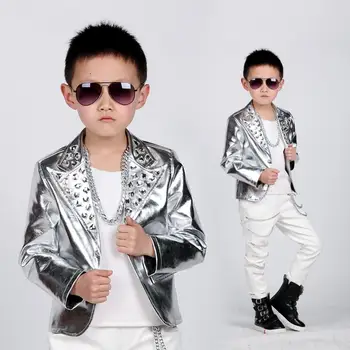 

Boys Hip-hop Jacket Fashion Bright drill leather Coat New Children's locomotive Outerwear Dance Costume Modis Kids Cothes Y1237