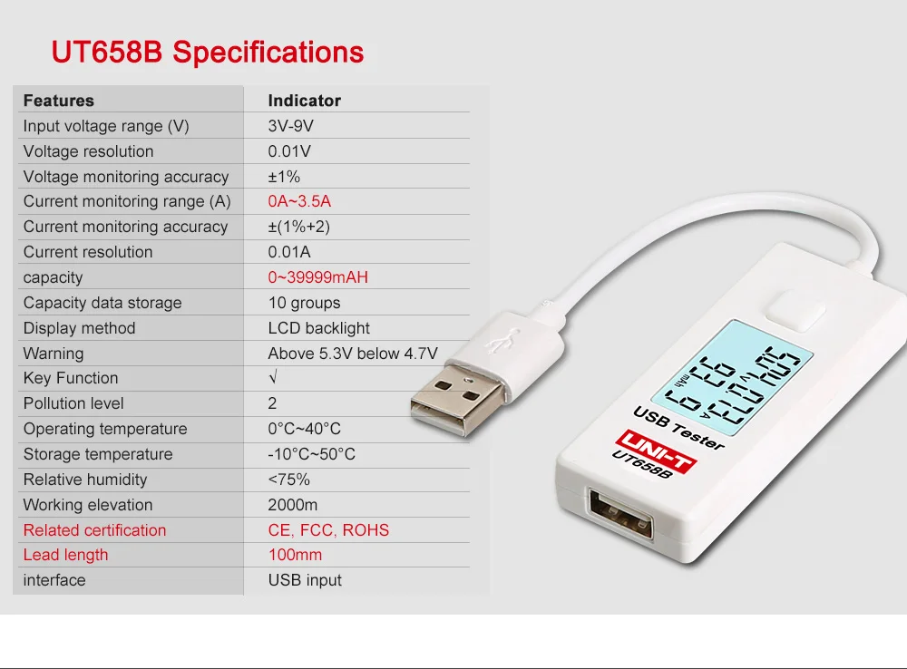 USB тестер UNI-T UT658 UT658B мобильный телефон ноутбук мобильный мощность безопасности монитор 3,0 V-9,0 V/0.0A-3.0A Предупреждение ЖК-дисплей