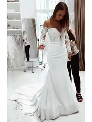 Элегантное белое кружевное свадебное платье с длинными рукавами и открытыми плечами с аппликациями