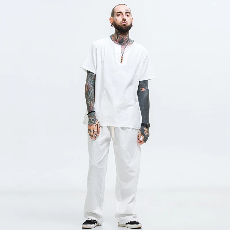 

Free shipping summer men M-8XL 9XL t shirt Linen short sleeve big t shirts casual v-neck loose two-piece suit t shirts sets