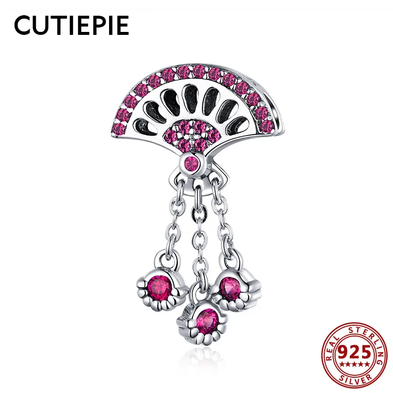 

CUTIEPIE New Real 925 Sterling Silver Fan Clear CZ Charms Pendant Fit Beads Bracelets Bangle Necklace Silver Jewelry for Women