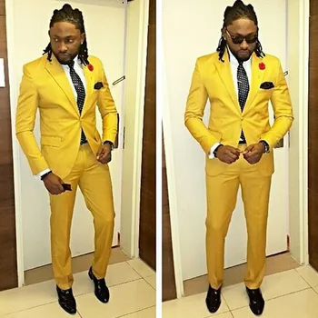 

Tailor Made Yellow Slim Fit Men's Wedding Prom Dinner Suit 2 Pieces Groom Tuxedos One Button Blazer Best Man Groomsman Costumes