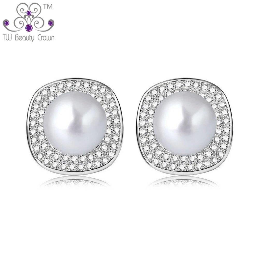 

Real 925 Pure Silver Micro Paving Clear Zirconia Luxury Natural Freshwater Pearl Square Stud Earrings For Woman Fashion Jewelry