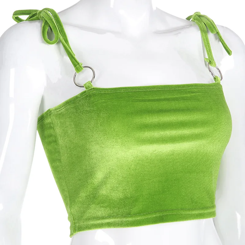 Summer Sexy Female Crop Tops Women Sleeveless Straps Tank Top Solid Lady Camis Casual Green Off The Shoulder Velvet Tops