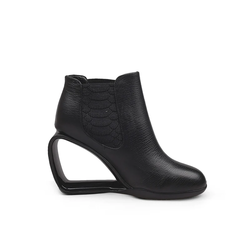 Осенние ботинки для женщин; женские ботильоны с вырезами на каблуке; черные ботинки на танкетке без застежки; женская обувь из натуральной кожи; HL109 muyisxi