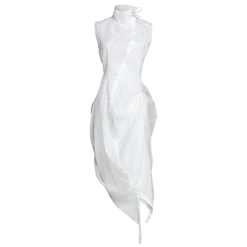 

2019 Summer Office Lady High Quality Turtleneck Sleeveless Irregular Dresses Elegant Silk Mesh Slim Women Tank Dress