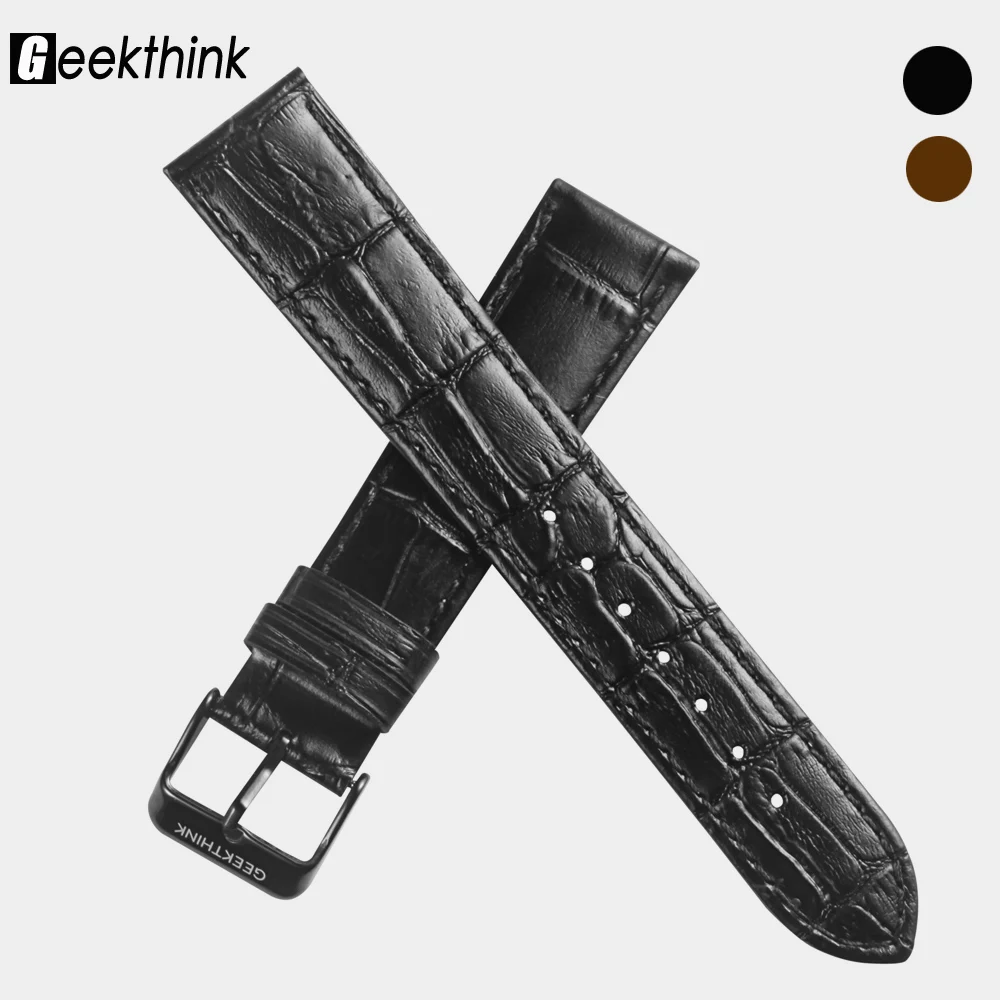 

20mm Universal Size Genuine cowhide leather Watchband watch strap steel buckle Clock Male female replacement Black