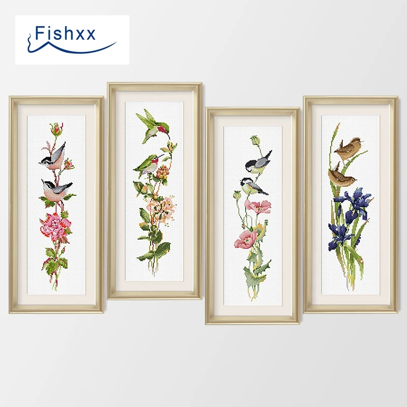 Fishxx Cross Stitch Kit D102-D105 Animals Kingfisher Four Seasons Floral Rose Poppy Orchid Four Artistic Embroidery