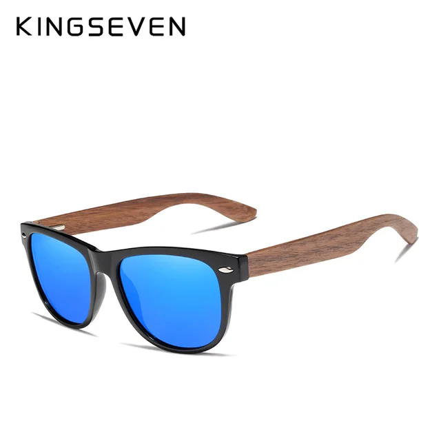 KINGSEVEN  Black Walnut Sunglasses Wood Polarized Sunglasses Men UV Protection Eyewear With Wood Box Oculos de sol Sky Blue Walnut Wood
