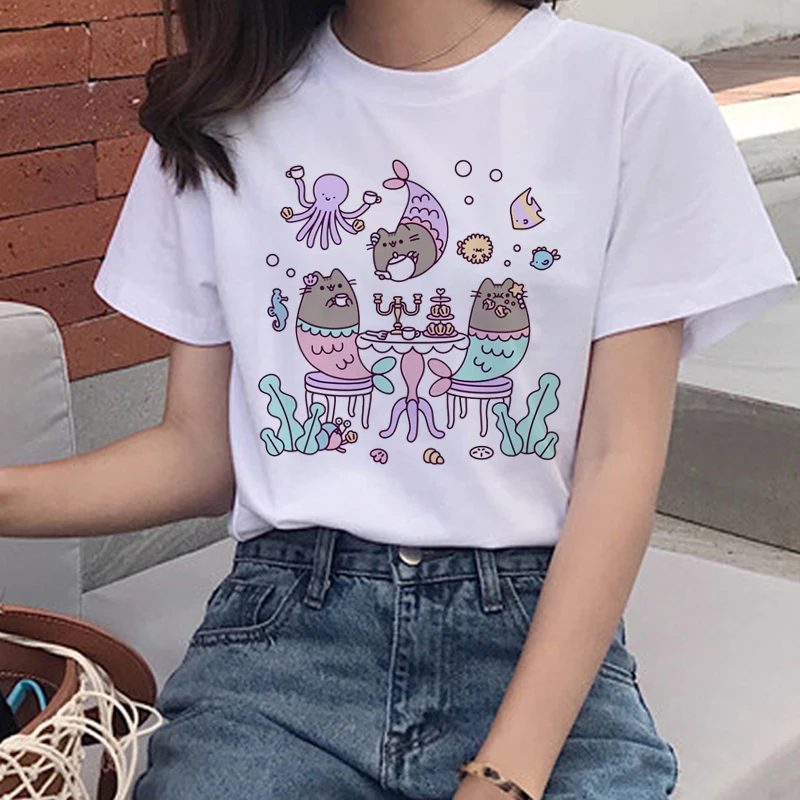 Kawaii Pusheen Cat, женские футболки, Harajuku Ullzang, забавная футболка, 90 s, мультяшный принт, футболка, графический корейский стиль, женские футболки - Цвет: 5550