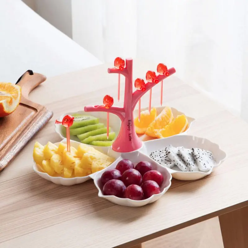 

5 Compartments Fruit Plate Fork Set Bird Fork Tree Fork Holder Flower-shaped Fruit Plate New