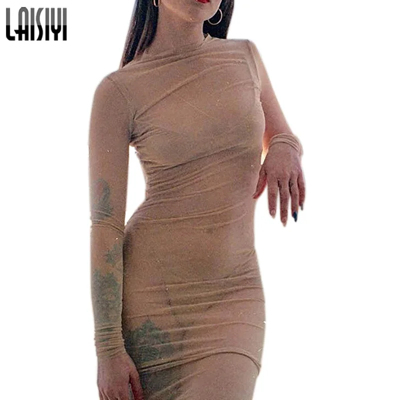 

LAISIYI Women Crew Neck Transparent Mesh Dress Solid Long Sleeve Slim Basic Pencil Deress Female Vestidos Clothing ASDR22016