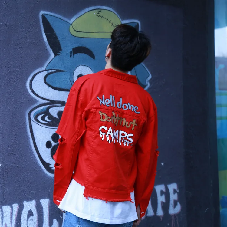 Fashion Jean Coats Men's Slim Full Sleeve Print Red Jean Jacket Casual Red Fancy Colored Coat Outerwear
