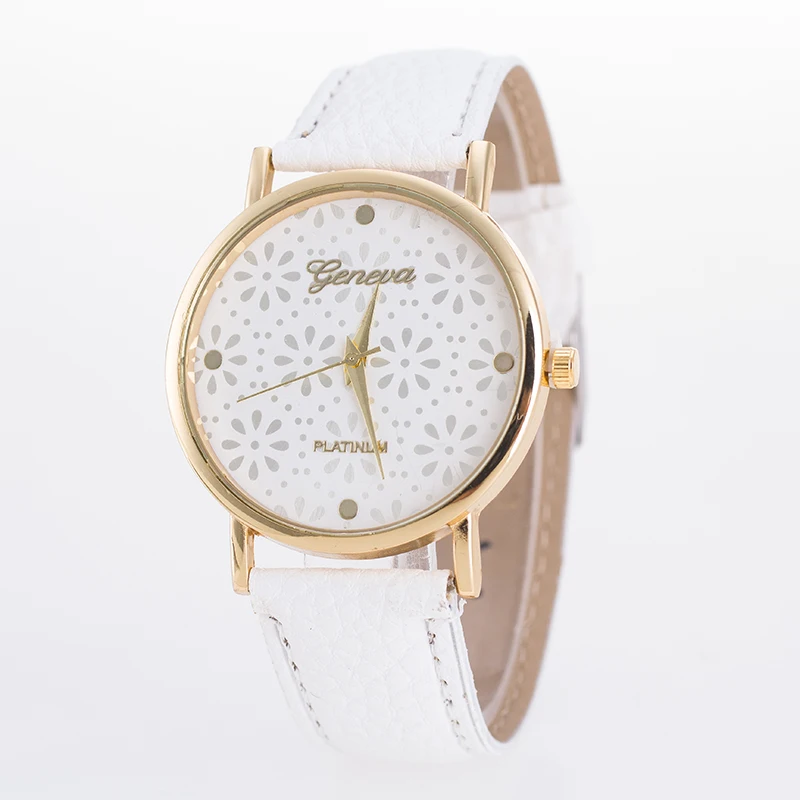 

2016 New Casual Fashion watch Geneva small flower Leather Quartz-Watch Women Dress Watches Ladies Gift Wristwatches montre femme
