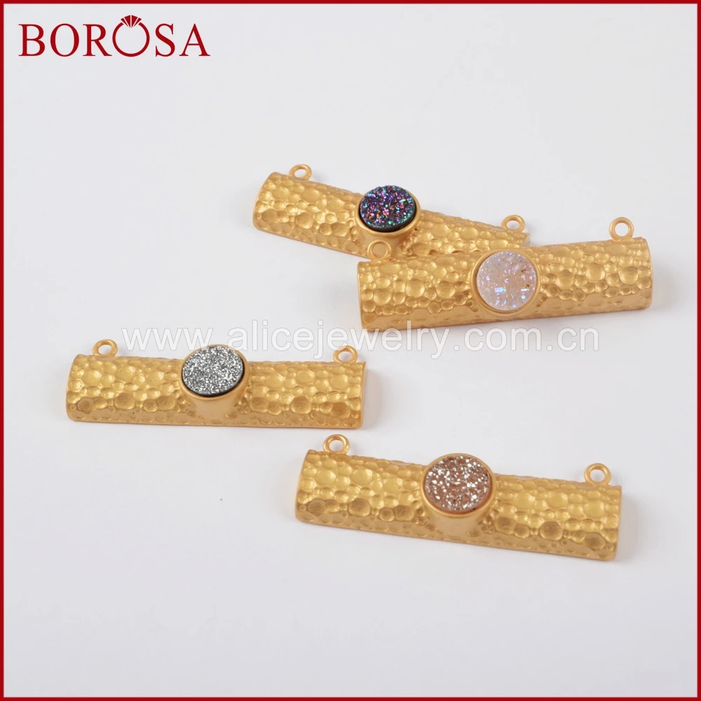 BOROSA Rectangle Gold Color Round Natural Crystal Titanium Rainbow Druzy Connector Gems Pendant for Necklace Jewelry ZG0203 | Украшения и