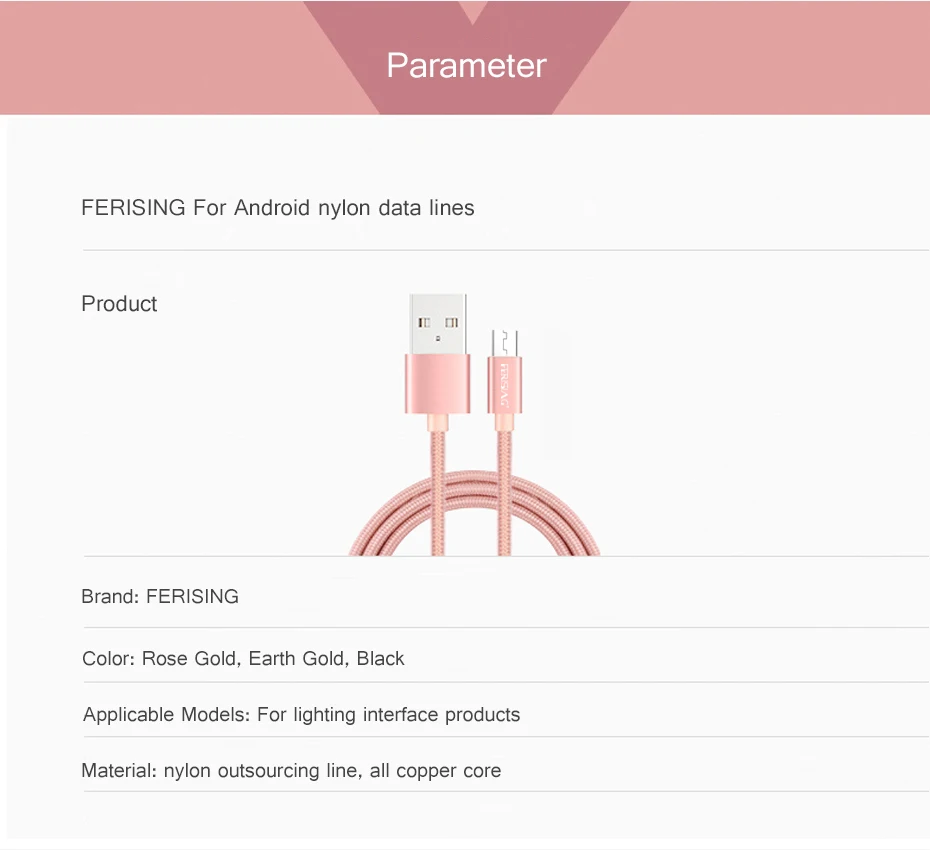 FERISING металлический штекер Кабель нейлон 2A USB кабель для передачи данных lightning, Android Micro, type-C, телефон планшет для iPhone X, samsung, Xiaomi