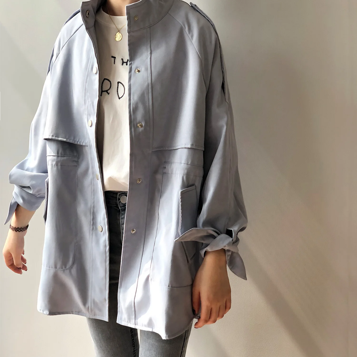Fashion Trench Coat Female Autumn Windbreaker Drawstring Casual Loose Safari Clothes Stand Collar 2020 Spring Women Short Trench