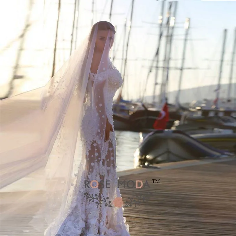 Роза Мода 3D цветы кружева пляж свадебное платье со съемным шлейфом