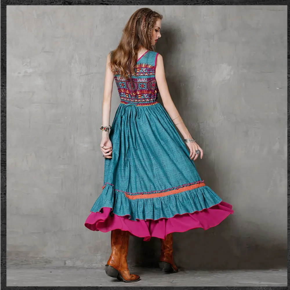 Летняя Новинка 2017 г. женское платье Boho хлопок белье печатных жилет Национальный