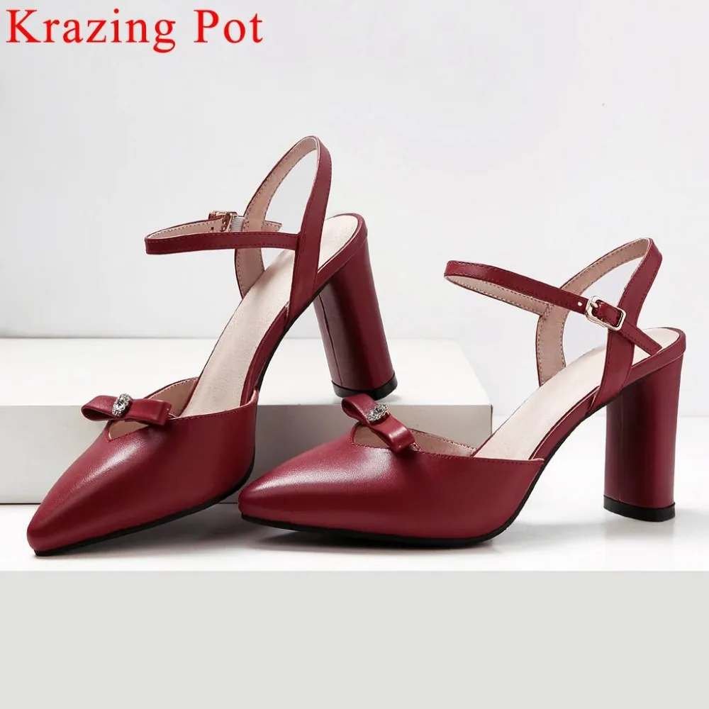 

Krazing Pot original design high heel pointed toe butterfly-knot crystal decoration buckle strap big size slingback sandals L1f4