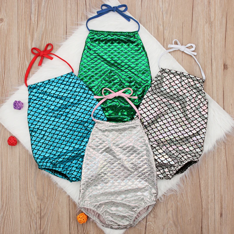 

Toddler Kids Baby Girls Mermaid Rompers Sleeveless Triangle Jumpsuit Backless Romper Fish Scale Pattern One Piece Clothes