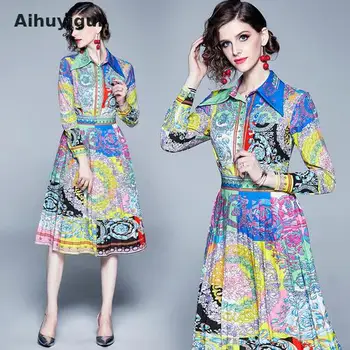 

aihuyigui 2019 summer femal designer runway floral printed dress women autumn shirt long sleeve vintage midi pleated dress dr459
