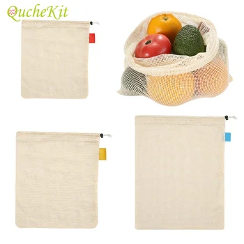 

6pcs Cotton Mesh Vegetables Storage Bags Three Sizes With Drawstring Reusable Washable Eco-friendly Fruit Organization Bag