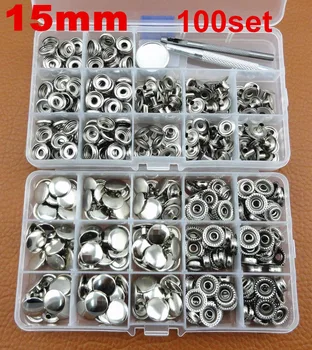 

100sets 15mm Silver Studs + Tool + Box Leather Craft Heavy Duty Snap Fasteners Press Stud Button Tool Set - Sewing Stitch Edge