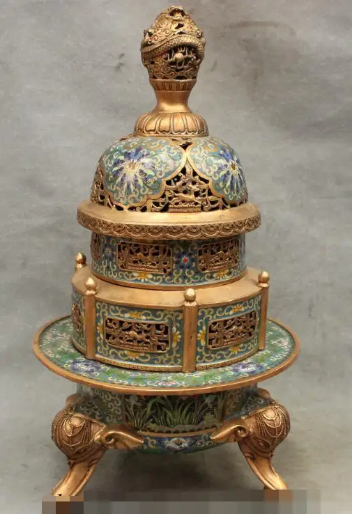 

S7040 22" Folk Chinese Cloisonne Bronze Dragon Elephant Statue Incense Burner Censer D0318
