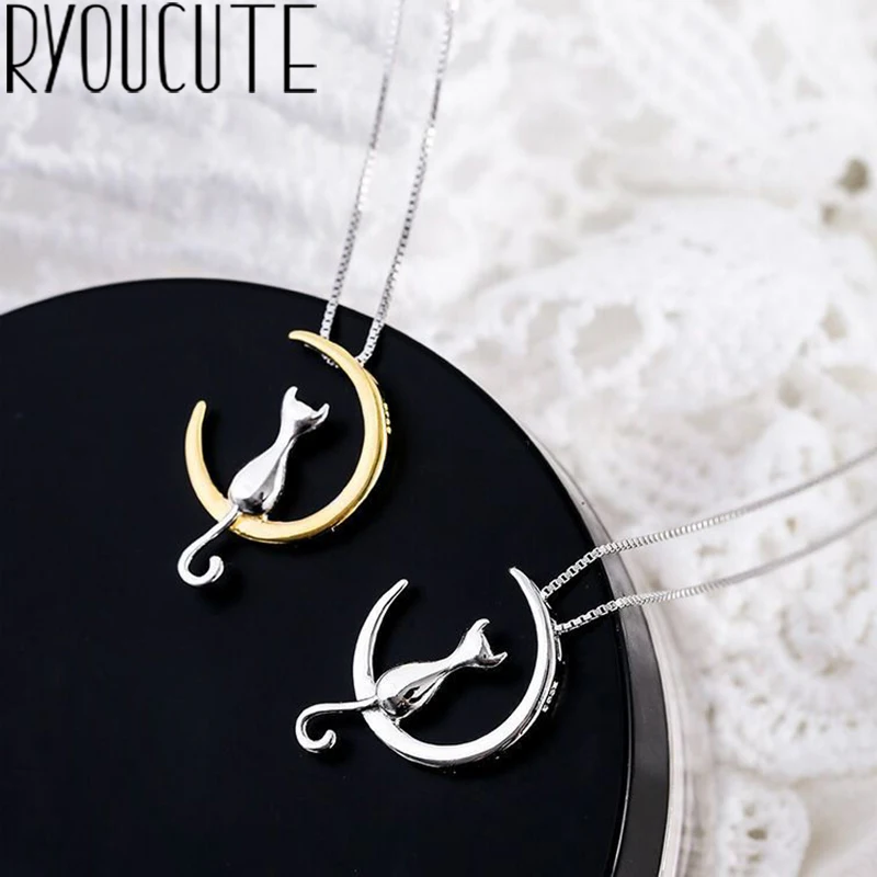 

Korean Christmas Jewelry 925 Sterling Silver Moon Cat Necklaces For Women Bijoux Femme Gifts Charm Necklaces Collar Collares