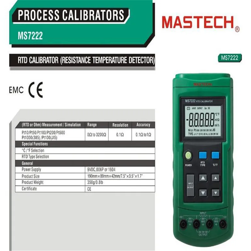 

Resistance Temperature Detector RTD Calibrator Simulate Measure 7RTD Ohm MASTECH MS7222