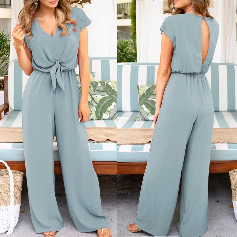 Women Short Sleeve V-Neck Jumpsuit Casual Overalls Wide Leg Summer Office Playsuit IK88 - Цвет: Синий