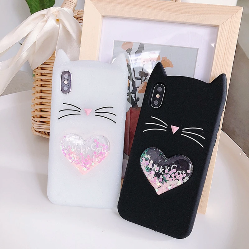 Tfshining Cute Liquid heart quicksand Phone Cases Cover For Iphone 7 8 6 6s Plus X 3D Cartoon Beard Lucky Cat Silicone Coque New (5)
