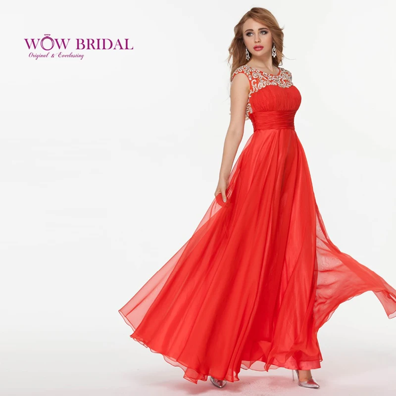 

Wowbridal Chinese Style Red Prom Dresses 2015 Tulle and Chiffon Fabric O-Neck Beaded A-Line Dresses