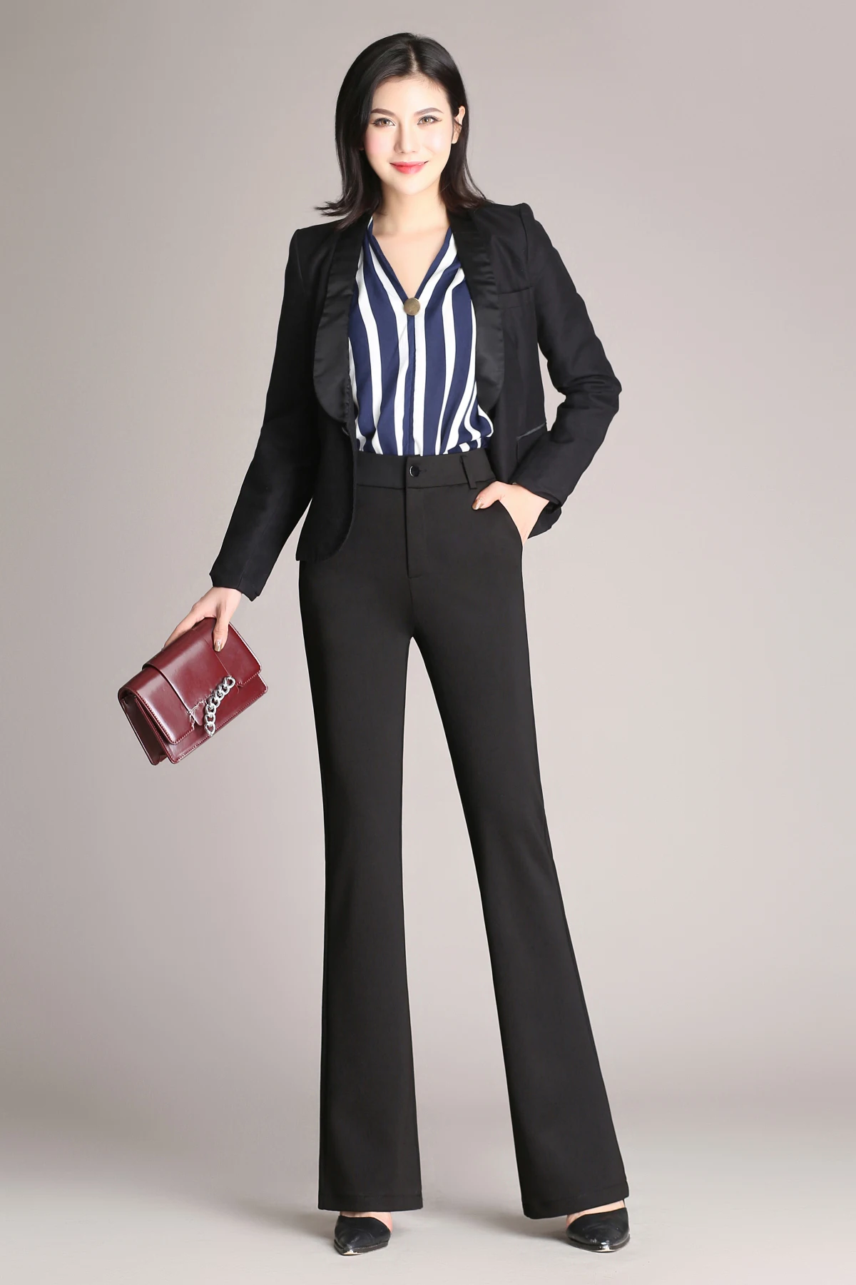 Новые расклешенные женские брюки с высокой талией, рабочая одежда, укороченные брюки, брюки размера плюс S-4XL - Цвет: Черный