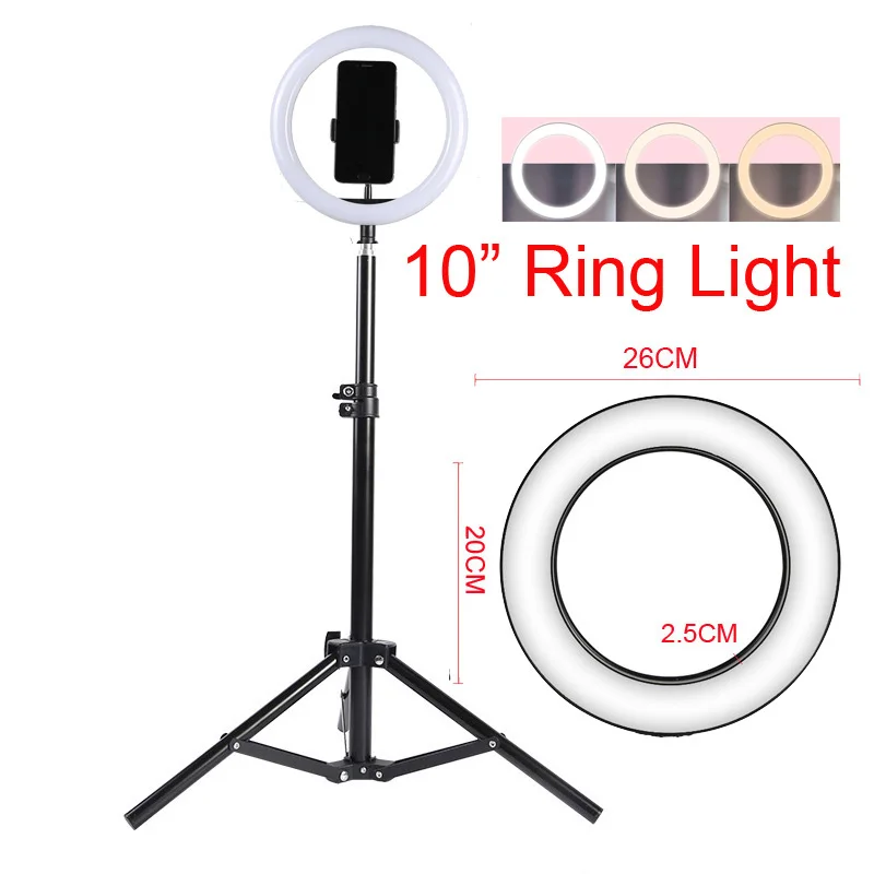 

Photographic Lighting LED Ring Light 10" 26cm 3200-5600K Photo Studio Selfie Ring Lamp with Tripod Moblie Phone Clamp