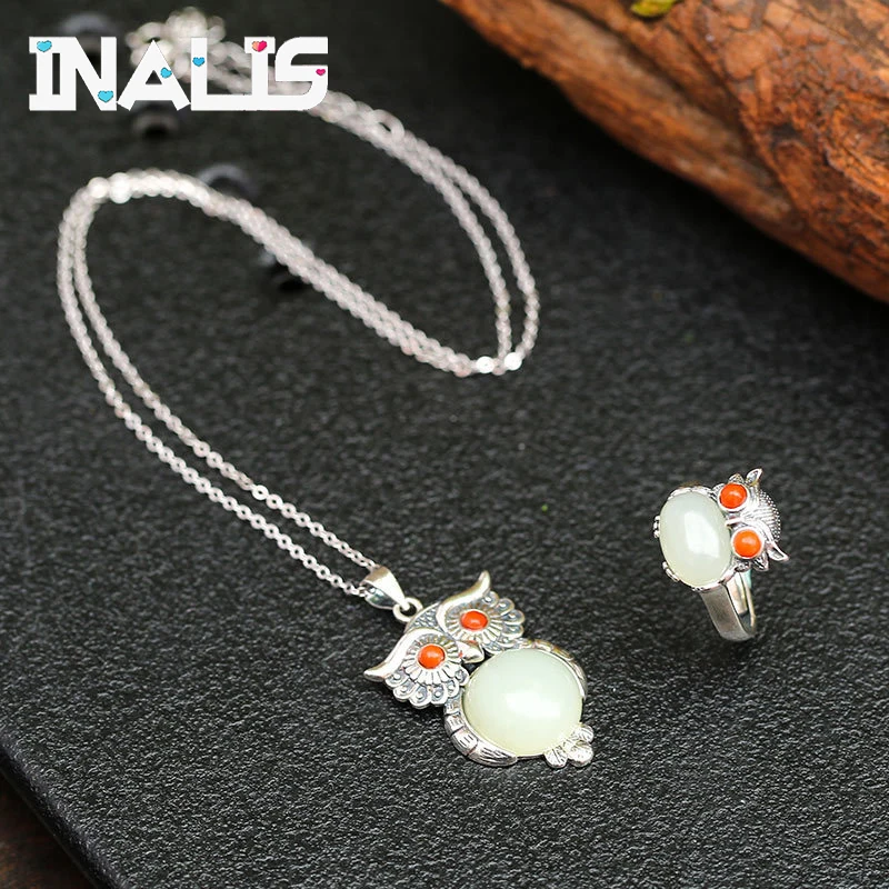 

INALIS Statement Fine Jewelry Sets 925 Sterling Silver Owl Drop Earrings Pendant Necklace Finger Rings Hetian Jade Agate Bijoux