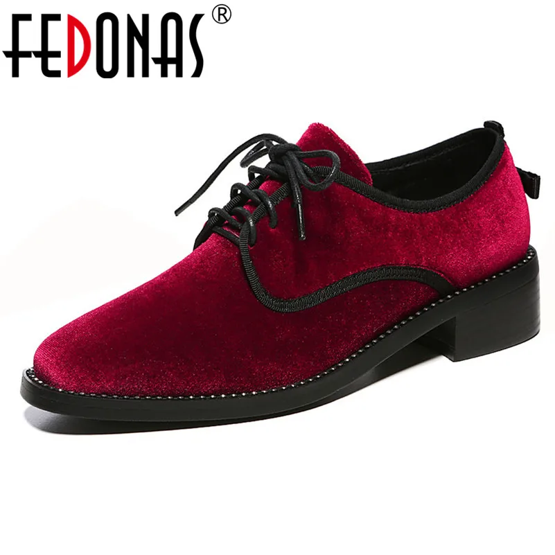 FEDONAS Women Suaqre Heeled Retro Pumps Party Working Basic Shoes Spring Summer Shoes Woman Quality Flock Lace-Up High Heels