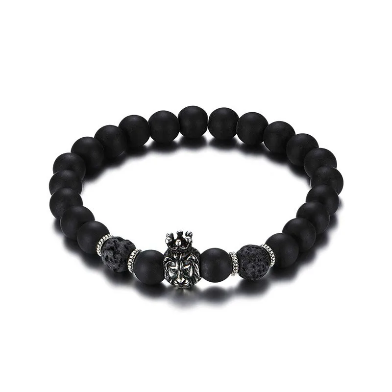 

Powerful Mens Gift Alloy Metal 8.5MM Lava Rock Stone Bead Lion King Head Elastic Bracelets