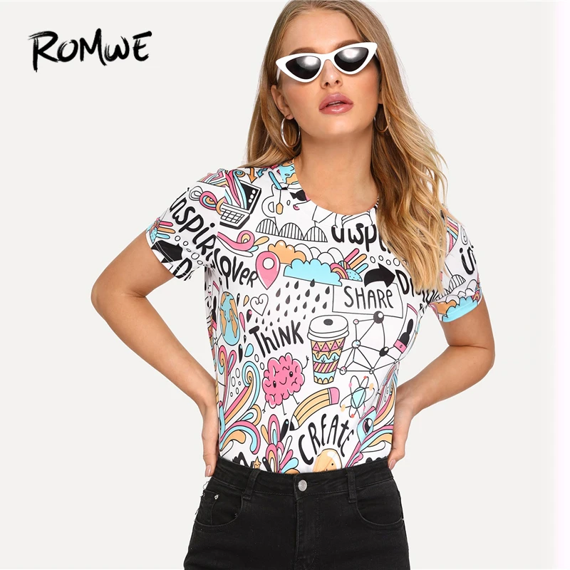 

ROMWE Letter And Cartoon Print Tee 2019 Summer Short Sleeve Female Tops Fabulous Korean Clothes Stretchy Women T Shirt