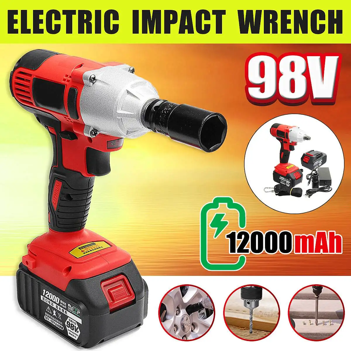 

Fashion 2 rechargeable batteries 98V Cordless Lithium-Ion Electric Impact Wrench Brushless Motor 400Nm Woodworking Tool