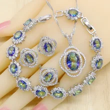 Женские 925 серебряные Свадебные Ювелирные наборы с браслетом радужные синие полудрагоценные серьги-гвоздики кольца ожерелье Подвеска Подарочная коробка