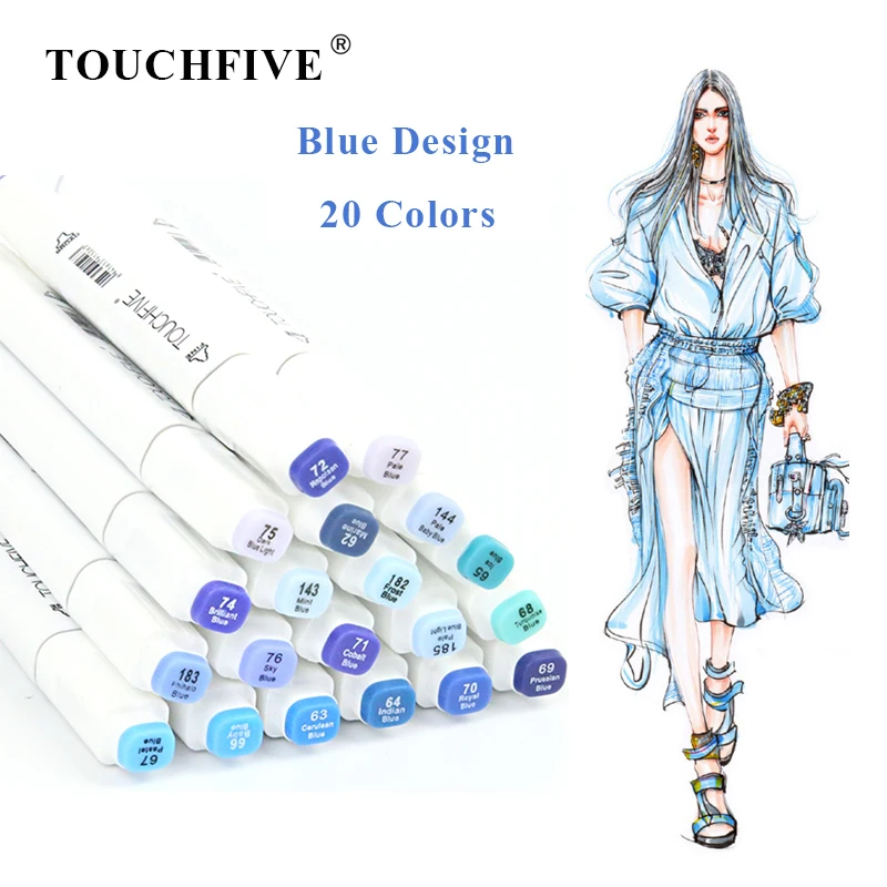 

TOUCHFIVE 20 Blue Design Colors Marker Pen Set Alcohol Based Markers Sketch Dual Brush For Drawing Manga Art Supplies Pens