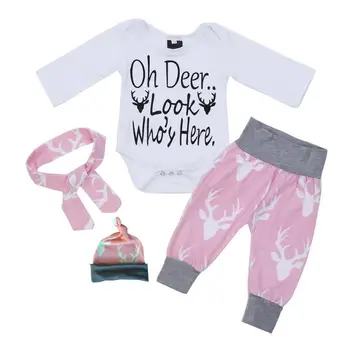 

Baby Set Girl Pink Deer Head Printed Tops Pants Hair Band Cap 4pcs Suits Cotton Cute Party princess pink Outfits set