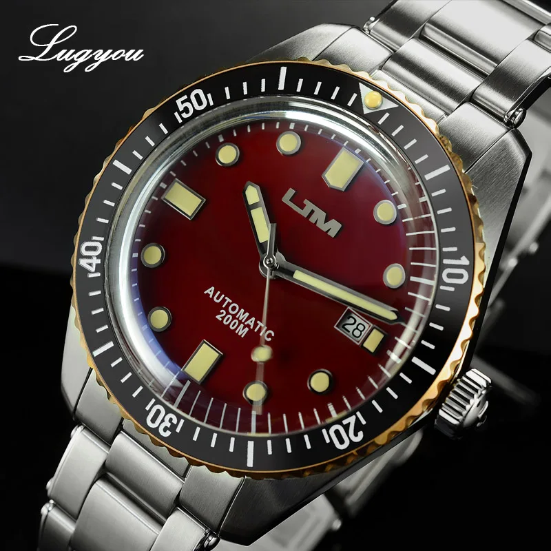 Lugyou San Martin Sea Master Diver Мужские часы автоматические нержавеющая сталь Бронзовый ободок металлический браслет вращающийся супер свечение 20 атм - Цвет: Red SW200