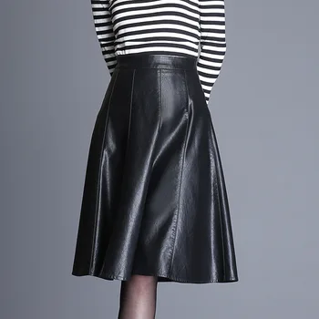 

2018 new style pleated long skirts black women girl skirt high waist thin A word PU leather skirt 8726