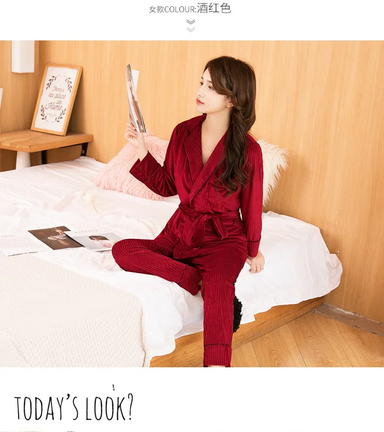 Daeyard, Женская Роскошная бархатная Пижама, пижама, Осень-зима, Модный Полосатый пижамный комплект, Caimi, брюки и халаты, 3 шт., ночная рубашка, домашняя одежда