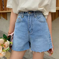 2019 новые корейские шикарные необработанные джинсовые шорты с высокой талией женские летние повседневные Прямые шторы женские синие