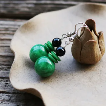 

Genuine natural Burmese earrings green beads earrings 925 silver ear hooks national wind female jewelry JADES earrings